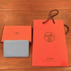 Hermes chèvre leather calvi card holder blue with case and bag